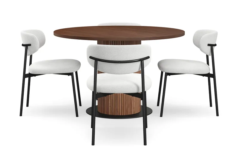 Noira Runt Litet Matbord Massiv Valnöt 120 cm med 4 Lucy Matstolar - Brun / Vit Bouclé / Metallben Svart - Möbler - Bord & matgrupper - Matgrupper