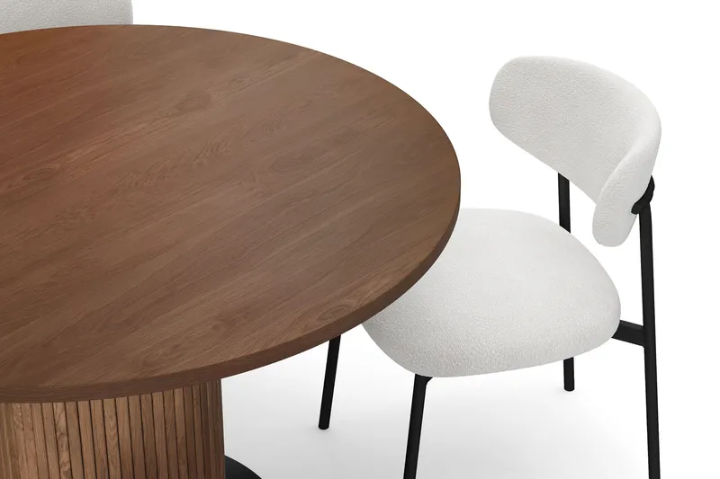 Noira Runt Litet Matbord Massiv Valnöt 120 cm med 4 Lucy Matstolar - Brun / Vit Bouclé / Metallben Svart - Möbler - Bord & matgrupper - Matgrupper