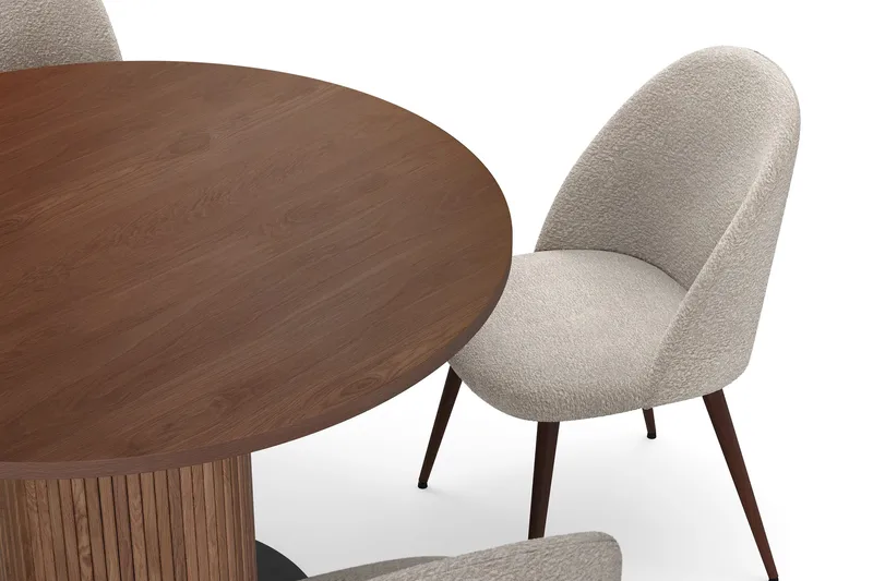 Noira Runt Litet Matbord Massiv Valnöt 120 cm med 4 Nibe Plus Matstolar - Brun / Greige Bouclé / Metallben Valnöt - Möbler - Bord & matgrupper - Matgrupper