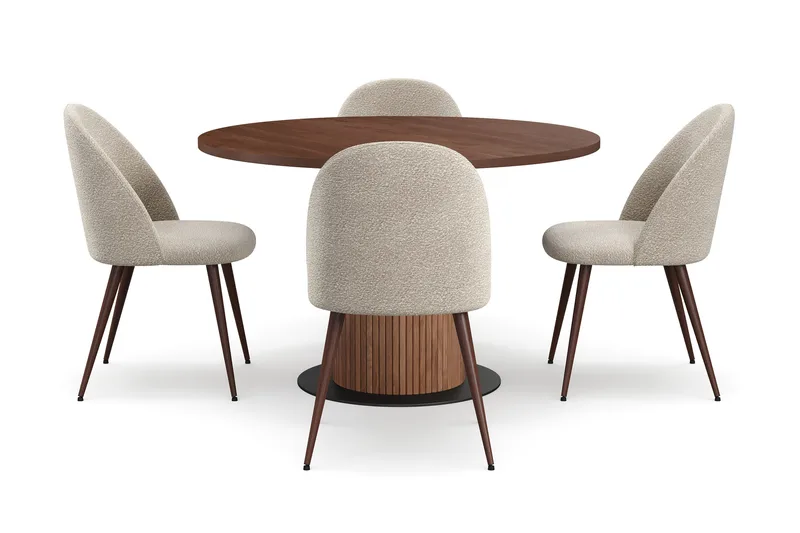 Noira Runt Litet Matbord Massiv Valnöt 120 cm med 4 Nibe Plus Matstolar - Brun / Greige Bouclé / Metallben Valnöt - Möbler - Bord & matgrupper - Matgrupper