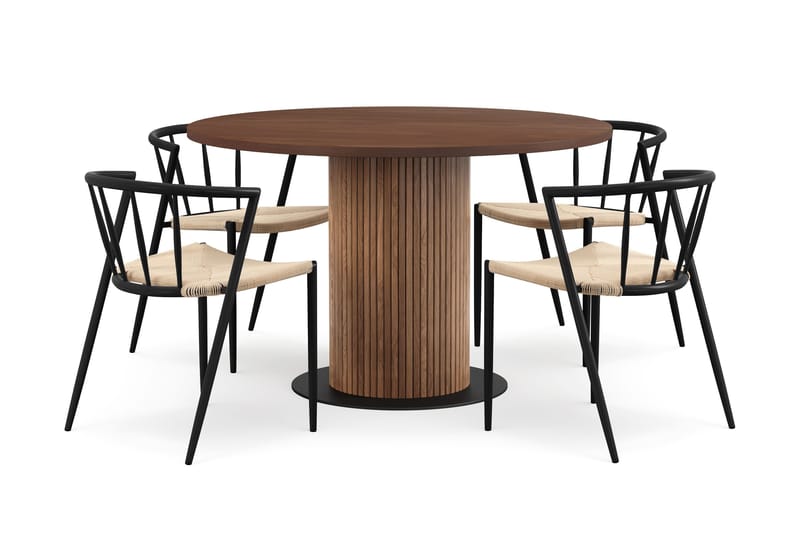 Noira Runt Litet Matbord Massiv Valnöt 120 cm med 4 Winston Matstolar, Brun / Beige / Metallben Svart