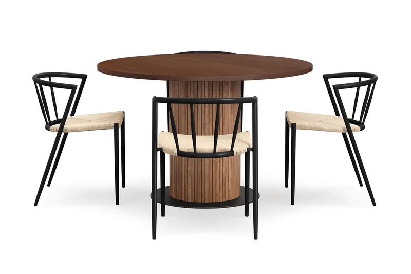 Noira Runt Litet Matbord Massiv Valnöt 120 cm med 4 Winston Matstolar - Brun / Beige / Metallben Svart - Möbler - Bord & matgrupper - Matgrupper