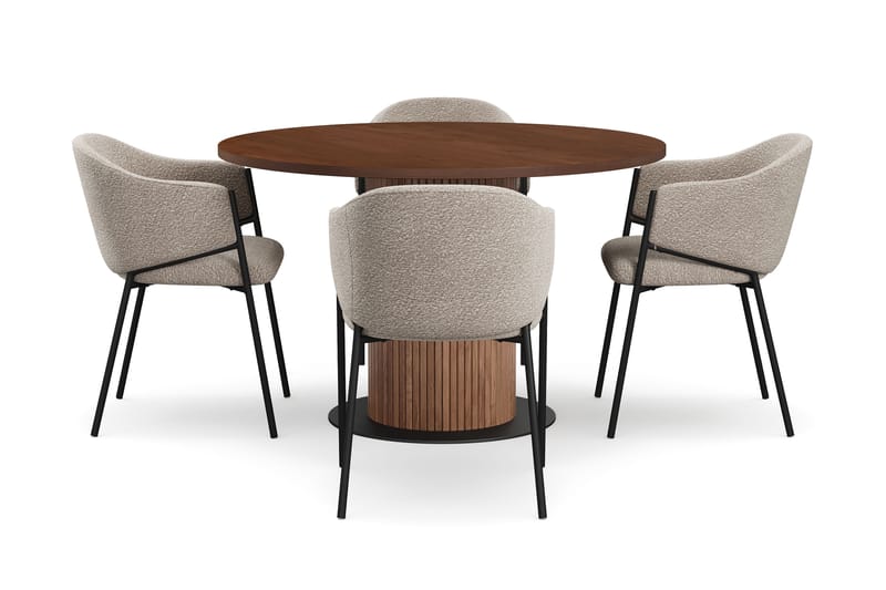 Noira Runt Litet Matbord Valnöt 120 cm med 4 Filip Matstolar - Brun / Taupe Bouclé - Möbler - Bord & matgrupper - Matgrupper