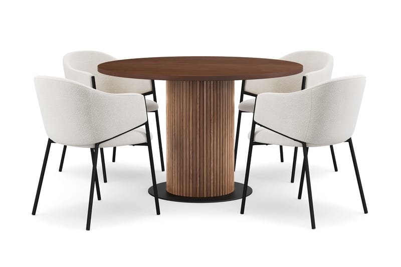 Noira Runt Litet Matbord Valnöt 120 cm med 4 Filip Matstolar, Brun / Vit Bouclé