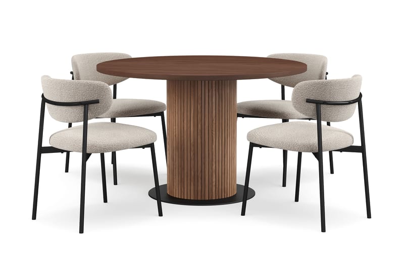 Noira Runt Litet Matbord Valnöt 120 cm med 4 Lucy Matstolar, Brun / Greige Bouclé / Metallben Svart