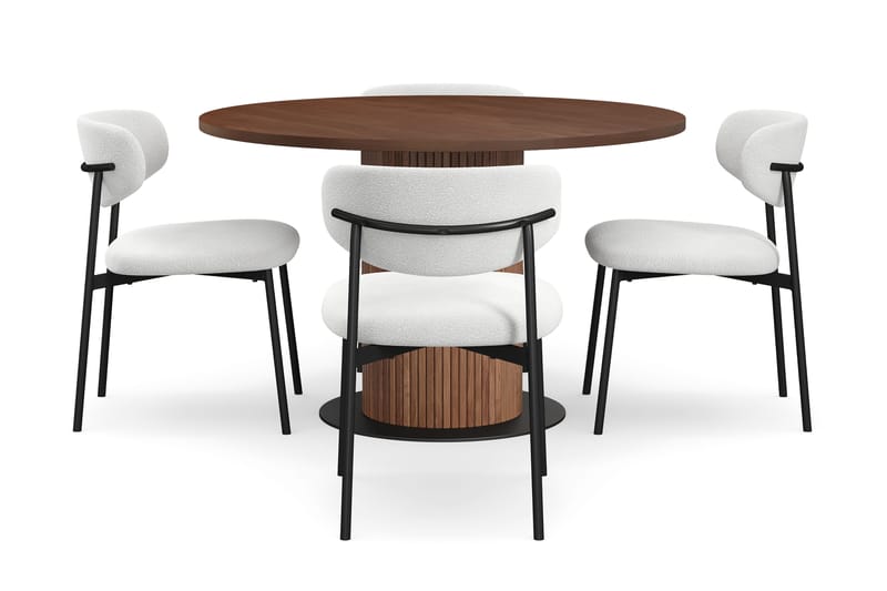 Noira Runt Litet Matbord Valnöt 120 cm med 4 Lucy Matstolar - Brun / Vit Bouclé / Metallben Svart - Möbler - Bord & matgrupper - Matgrupper