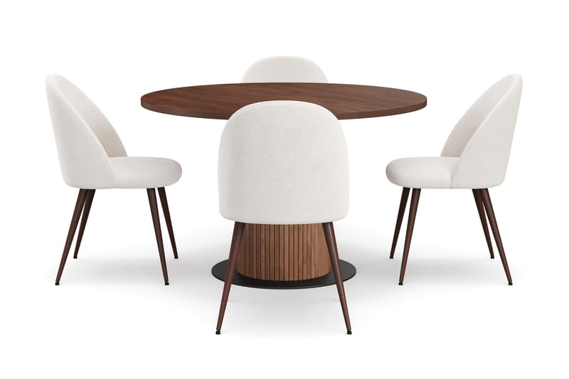 Noira Runt Litet Matbord Valnöt 120 cm med 4 Nibe Plus Matstolar - Brun / Vit Bouclé / Metallben Valnöt - Möbler - Bord & matgrupper - Matgrupper