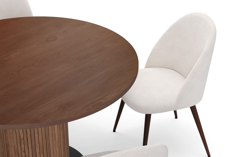Noira Runt Litet Matbord Valnöt 120 cm med 4 Nibe Plus Matstolar - Brun / Vit Bouclé / Metallben Valnöt - Möbler - Bord & matgrupper - Matgrupper