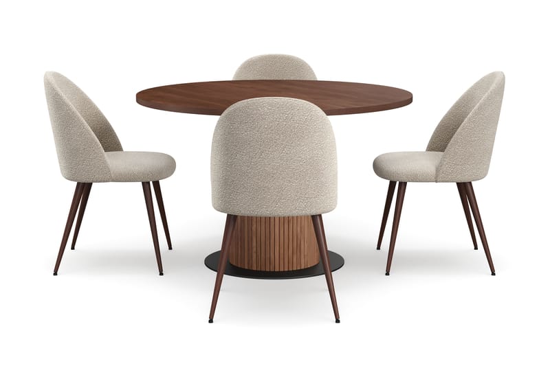 Noira Runt Litet Matbord Valnöt 120 cm med 4 Nibe Plus Matstolar - Brun / Greige Bouclé / Metallben Valnöt - Möbler - Bord & matgrupper - Matgrupper