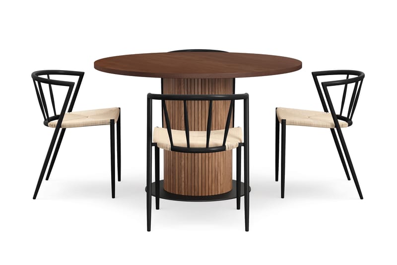 Noira Runt Litet Matbord Valnöt 120 cm med 4 Winston Matstolar - Brun / Beige / Metallben Svart - Möbler - Bord & matgrupper - Matgrupper