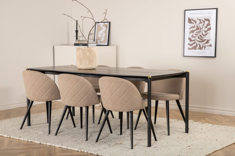 Pelle Matgrupp 190 cm Rektangulär med 6 Velvet stolar - Beige - Möbler - Bord & matgrupper - Matgrupper