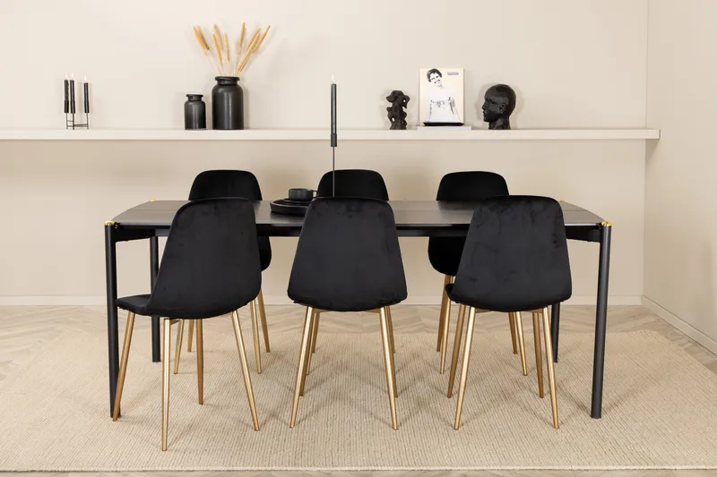 Pelle Matgrupp 190 cm Rektangulär med 6 Polar stolar - Svart/Guld - Möbler - Bord & matgrupper - Matgrupper