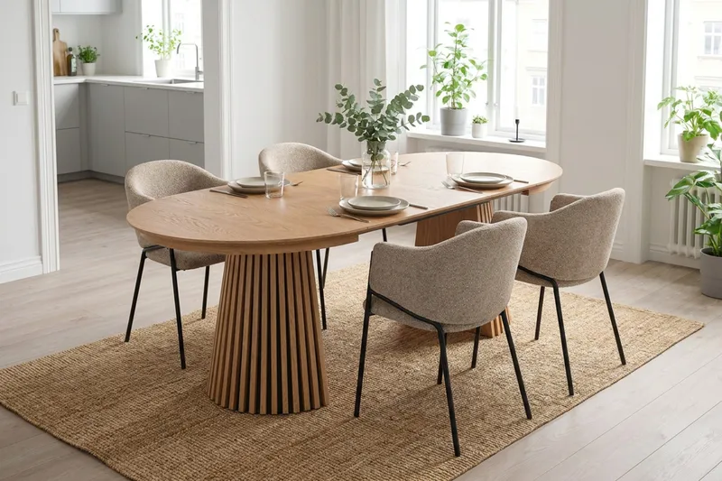 Peyra Förlängningsbart runt 120-220 cm Ek med 4 Filip Matstolar - Ek/Greige - Möbler - Bord & matgrupper - Matgrupper