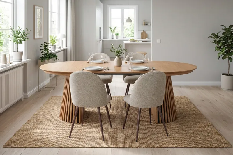 Peyra Förlängningsbart runt 120-220 cm Ek med 4 Nibe Plus Matstolar - Ek/Greige - Möbler - Bord & matgrupper - Matgrupper