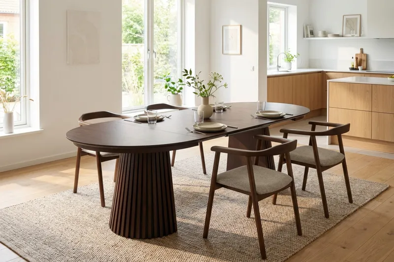 Peyra Förlängningsbart runt 120-220 cm Rökt Ek med 4 Jolie Matstolar - Rökt Ek/Beige - Möbler - Bord & matgrupper - Matgrupper