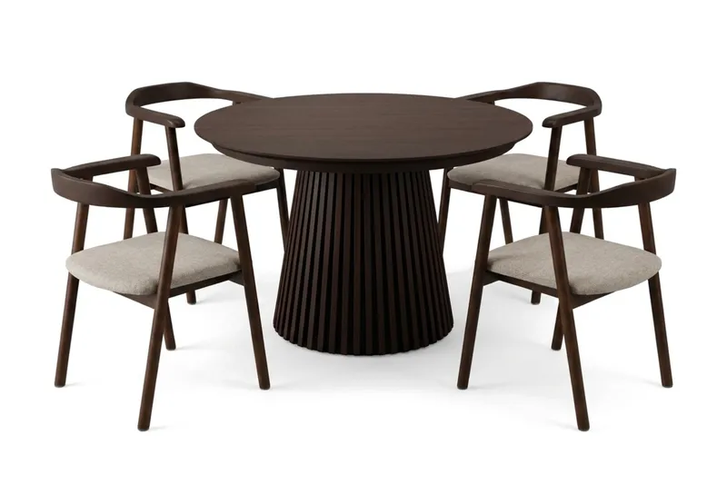 Peyra Förlängningsbart runt 120-220 cm Rökt Ek med 4 Jolie Matstolar - Rökt Ek/Beige - Möbler - Bord & matgrupper - Matgrupper