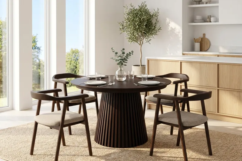 Peyra Förlängningsbart runt 120-220 cm Rökt Ek med 4 Jolie Matstolar - Rökt Ek/Beige - Möbler - Bord & matgrupper - Matgrupper