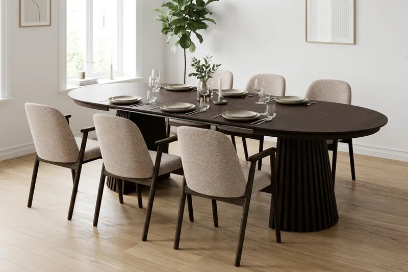 Peyra Förlängningsbart runt Matbord 120-220 cm Rökt Ek med 6 Reciclar Matstolar - Brun - Möbler - Bord & matgrupper - Matgrupper