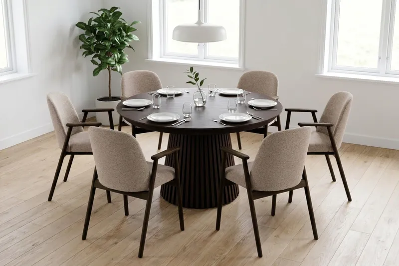 Peyra Förlängningsbart runt Matbord 120-220 cm Rökt Ek med 6 Reciclar Matstolar - Brun - Möbler - Bord & matgrupper - Matgrupper
