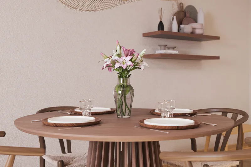 Peyra Matgrupp 120 cm Rund med 4 Dastoori Matstol - 2220070-4,1893317-1 - Valnöt / Brun / Beige - Möbler - Bord & matgrupper - Matgrupper