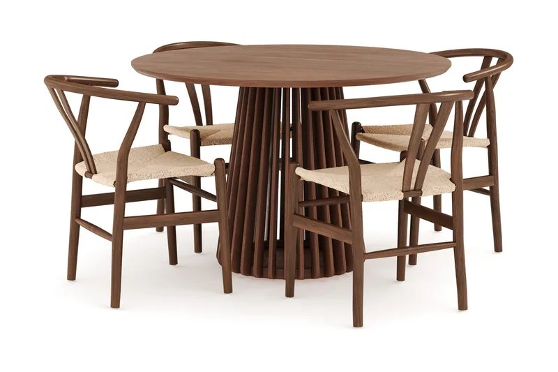 Peyra Matgrupp 120 cm Rund med 4 Dastoori Matstolar - Valnöt / Brun / Beige - Möbler - Bord & matgrupper - Matgrupper