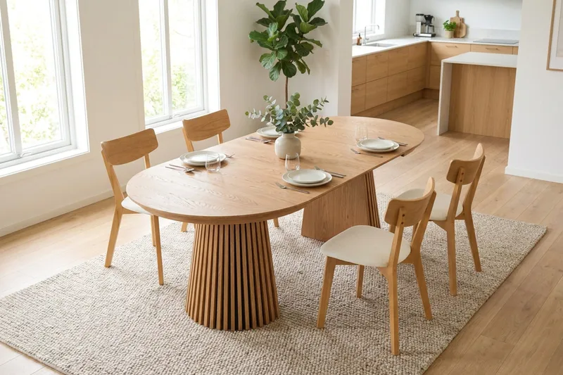 Peyra Matgrupp Förlängningsbart runt 120-220 cm i Ek med 4 Amelia Matstolar med Dyna - Ek - Möbler - Bord & matgrupper - Matgrupper