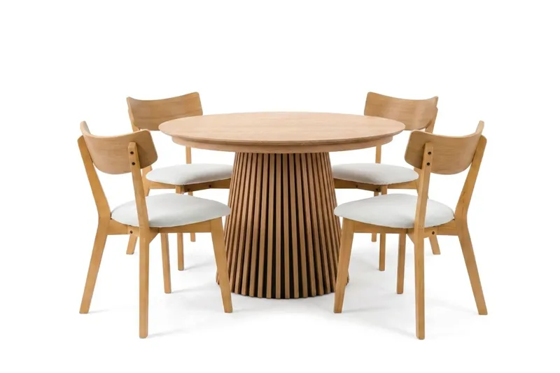 Peyra Matgrupp Förlängningsbart runt 120-220 cm i Ek med 4 Amelia Matstolar med Dyna - Ek - Möbler - Bord & matgrupper - Matgrupper