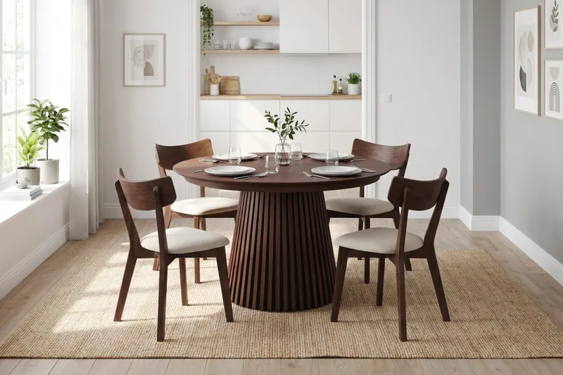 Peyra Matgrupp Förlängningsbart runt 120-220 cm i Valnöt med 4 Amelia Matstolar med Dyna - Valnöt/Beige - Möbler - Bord & matgrupper - Matgrupper