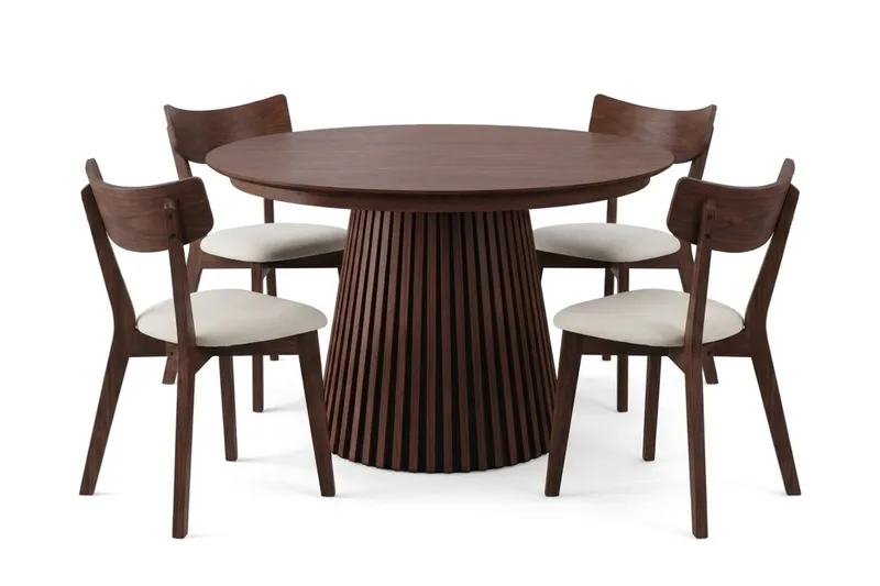 Peyra Matgrupp Förlängningsbart runt 120-220 cm i Valnöt med 4 Amelia Matstolar med Dyna - Valnöt/Beige - Möbler - Bord & matgrupper - Matgrupper