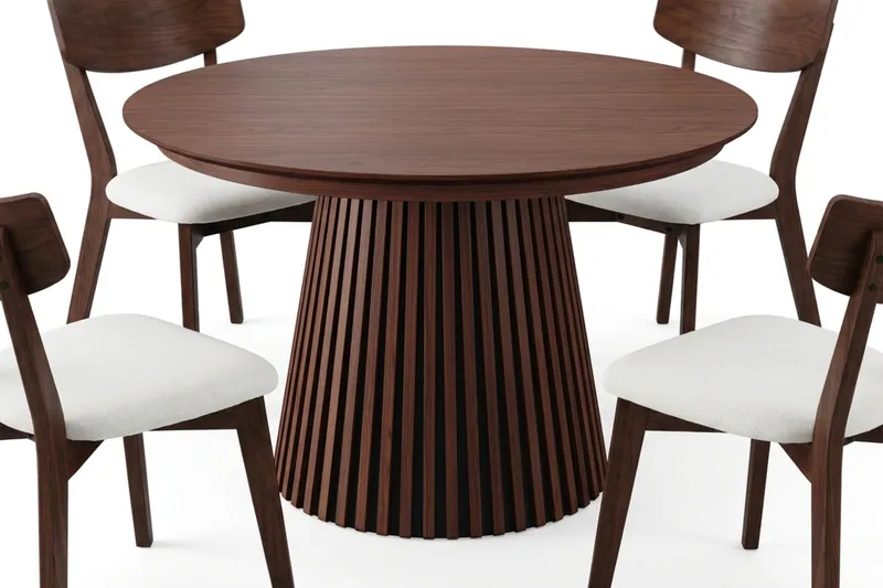 Peyra Matgrupp Förlängningsbart runt 120-220 cm i Valnöt med 4 Amelia Matstolar med Dyna - Valnöt/Beige - Möbler - Bord & matgrupper - Matgrupper