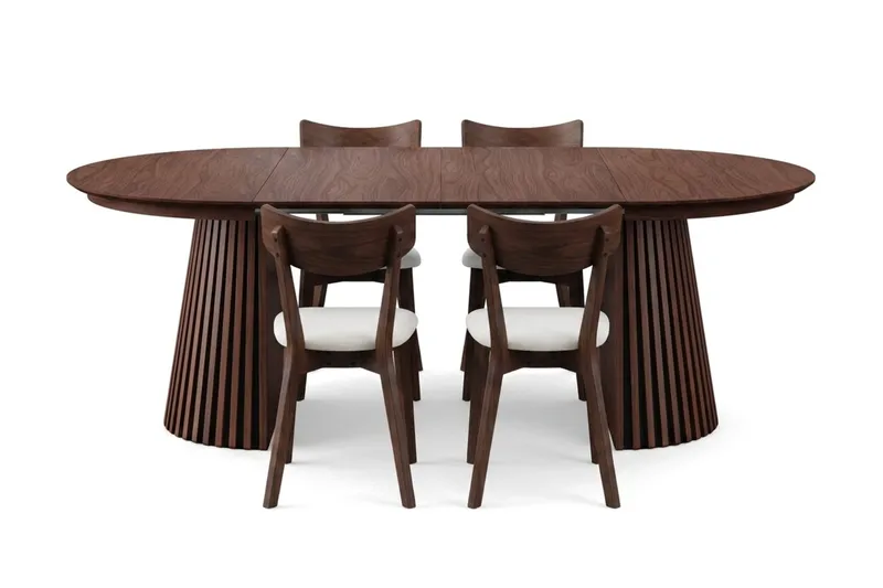 Peyra Matgrupp Förlängningsbart runt 120-220 cm i Valnöt med 4 Amelia Matstolar med Dyna - Valnöt/Beige - Möbler - Bord & matgrupper - Matgrupper
