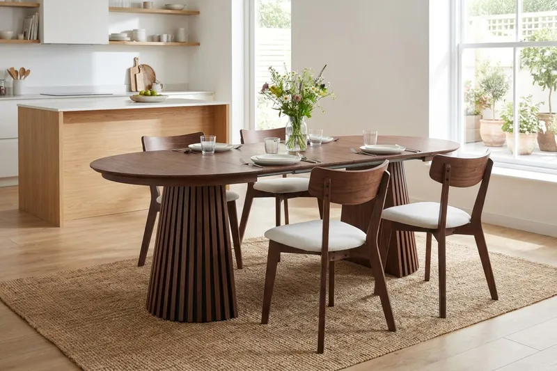 Peyra Matgrupp Förlängningsbart runt 120-220 cm i Valnöt med 4 Amelia Matstolar med Dyna - Valnöt/Beige - Möbler - Bord & matgrupper - Matgrupper