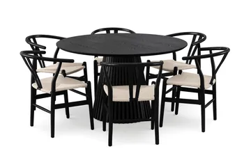 Peyra Matgrupp runt 130 cm Svart med 6 Dastoori Matstolar - Svart - Möbler - Bord & matgrupper - Matgrupper