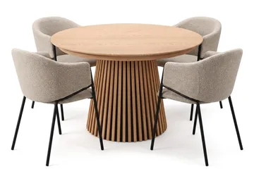 Peyra Rund Utdragbar Matgrupp 120-220 cm – Matbord med 4 Filip Matstolar i Trä med Ekutseende - Natur|Taupe - Möbler - Bord & matgrupper - Matgrupper