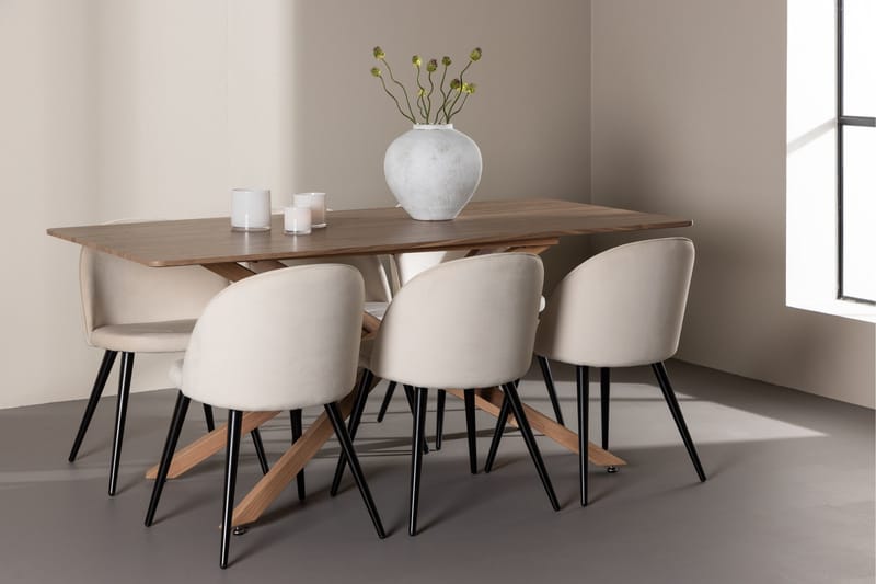 Piazza Matgrupp 180 cm Rektangulär med 6 Velvet stolar - Mocca/Beige - Möbler - Bord & matgrupper - Matgrupper