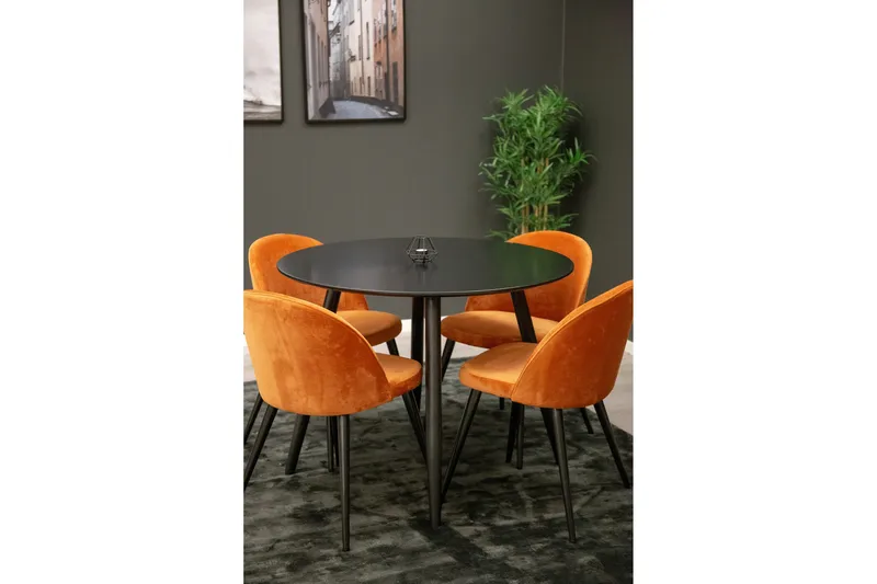 Plaza Matgrupp 100 cm Rund med 4 Velvet stolar, Svart
