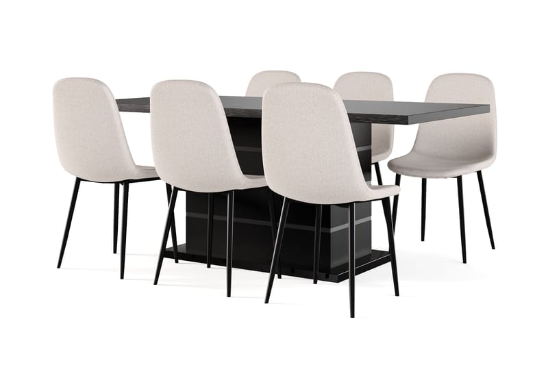 Ratliff Förlängningsbart Matbord 180/220 cm Svart +  6 st Nibe stol beige med svarta ben, Svart/Beige