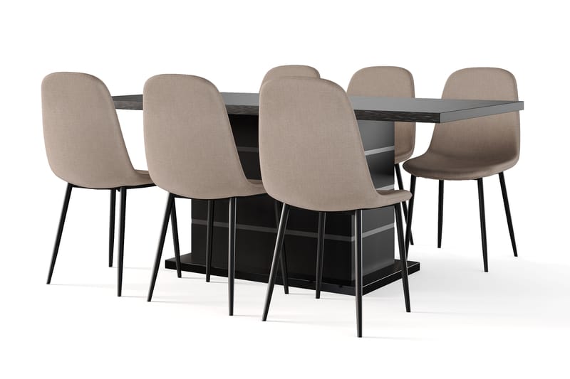 Ratliff Förlängningsbart Matbord 180/220 cm Svart +  6 st Nibe stol brun med svarta ben - Svart/Brun - Möbler - Bord & matgrupper - Matgrupper
