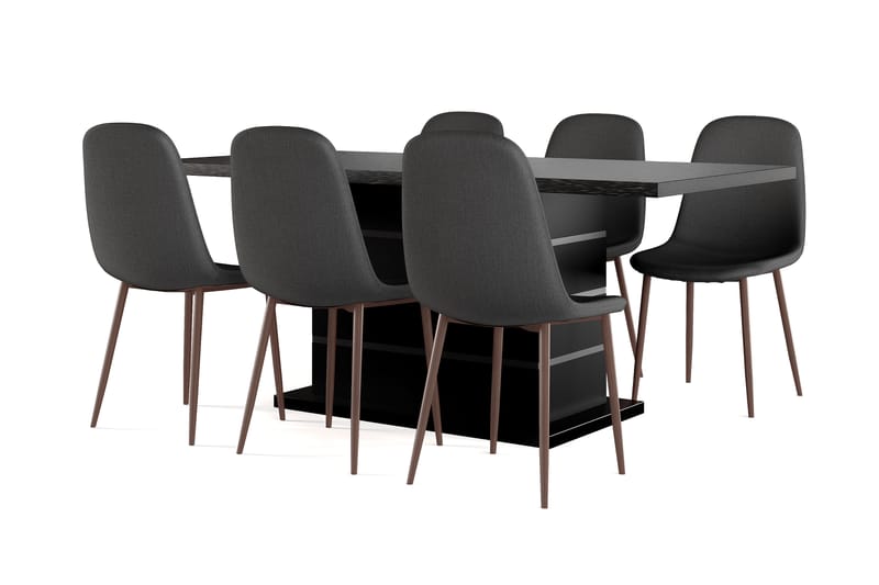 Ratliff Förlängningsbart Matbord 180/220 cm Svart +  6 st Nibe stol svart med valnöt ben, Svart