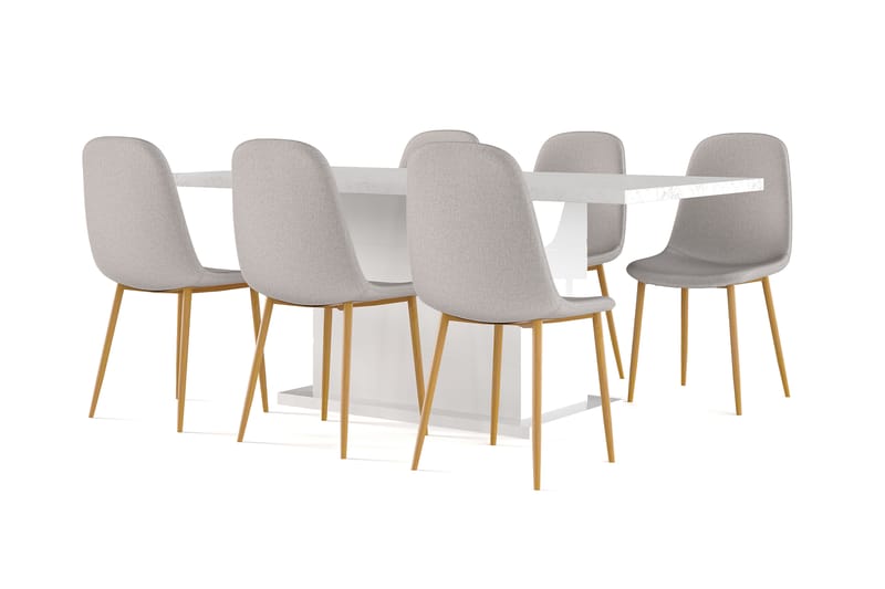 Ratliff Matbord 180 cm Förlängningsbart med illäggsskiva +  6 st Nibe stol grå med ek ben, Vit/Grå