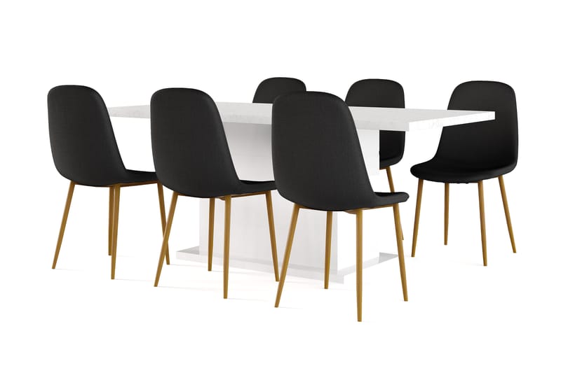 Ratliff Matbord 180 cm Förlängningsbart med illäggsskiva +  6 st Nibe stol svart med ek ben, Vit/Svart