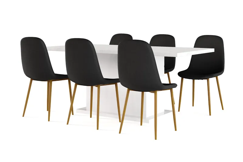 Ratliff Matbord 180 cm Förlängningsbart med illäggsskiva +  6 st Nibe stol svart med ek ben, Vit/Svart