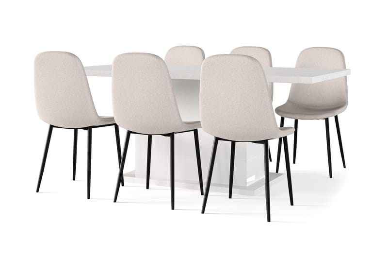 Ratliff Matbord 180 cm Förlängningsbart med illäggsskiva +  6 st Nibe stol beige med svarta ben, Vit/Beige