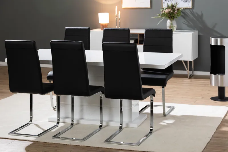 Ratliff Matgrupp 180 cm + 6 Stolar Förlängningsbart med illäggsskiva - Vit/Svart Pu/Krom - Möbler - Bord & matgrupper - Matgrupper