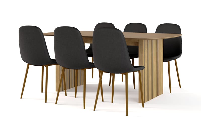 Richeto Matbord 180 cm ek +  6 st Nibe stol svart med ek ben, Ek