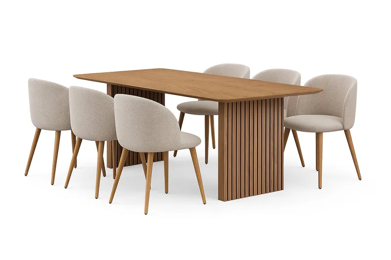 Richeto Matbord 180 cm med 6 Greya Matstolar med armstöd, Naturlig finish / Greige Bouclé / Metallben Ek