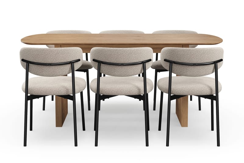 Richeto Matbord 180 cm med 6 Lucy Matstolar - Naturlig finish / Greige Bouclé / Metallben Svart - Möbler - Bord & matgrupper - Matgrupper