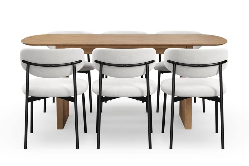 Richeto Matbord 180 cm med 6 Lucy Matstolar - Naturlig finish / Vit Bouclé / Metallben Svart - Möbler - Bord & matgrupper - Matgrupper