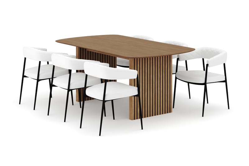 Richeto Matbord 180 cm med 6 Velma Matstolar, Naturlig finish / Vit Bouclé
