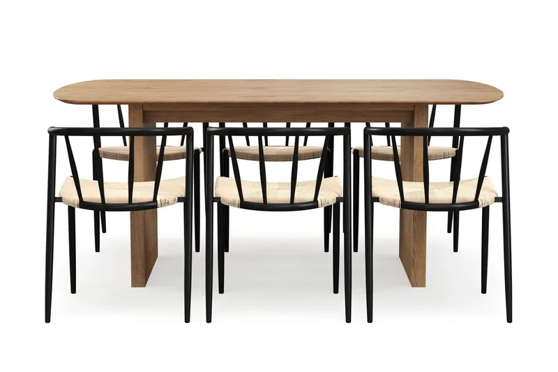 Richeto Matbord 180 cm med 6 Winston Matstolar - Naturlig finish / Beige / Metallben Svart - Möbler - Bord & matgrupper - Matgrupper
